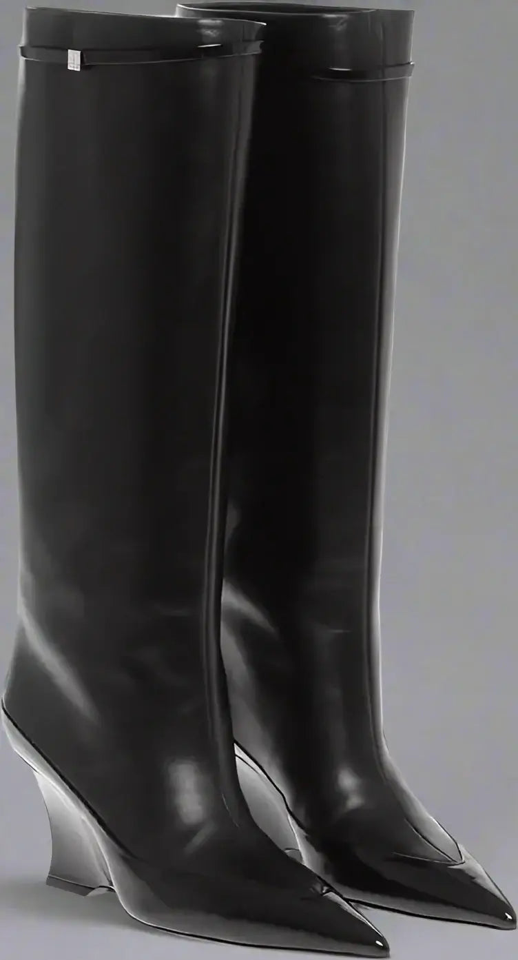 GIVENCHY women's black leather Wedge Heel RAVEN Leather Boots 9cm