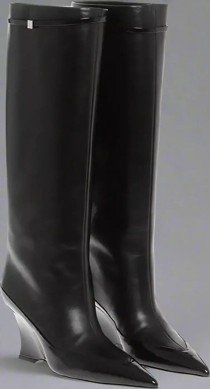 GIVENCHY women's black leather Wedge Heel RAVEN Leather Boots 9cm