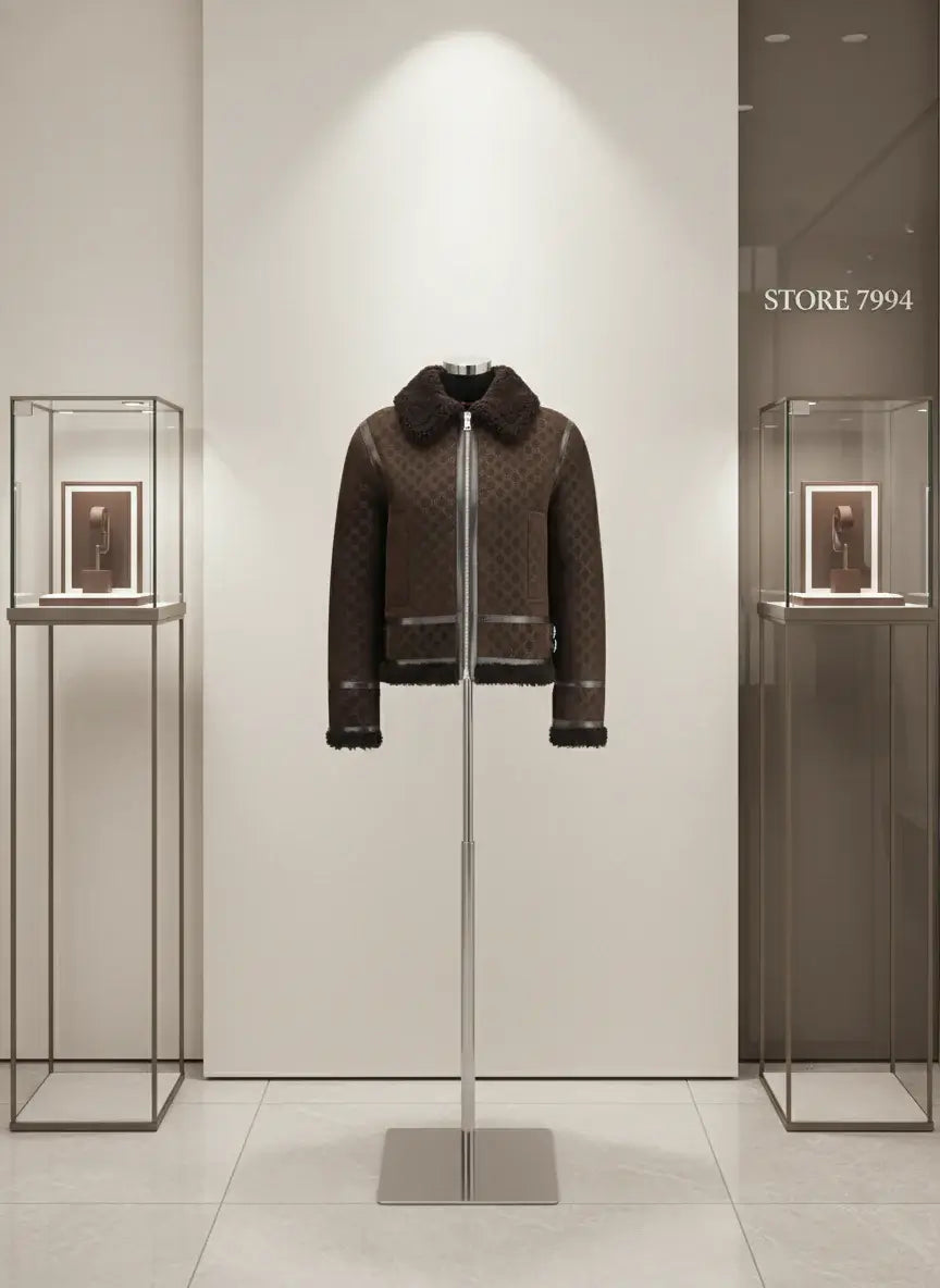 Brown patterned jacket with black shearling collar and cuffs on a white background