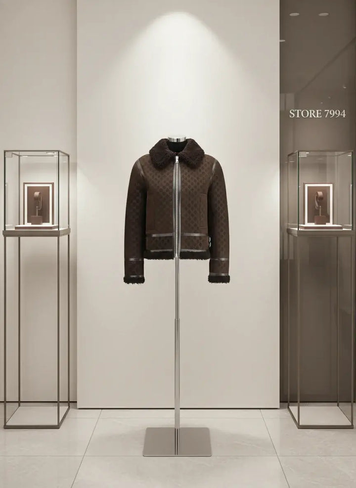 Brown patterned jacket with black shearling collar and cuffs on a white background