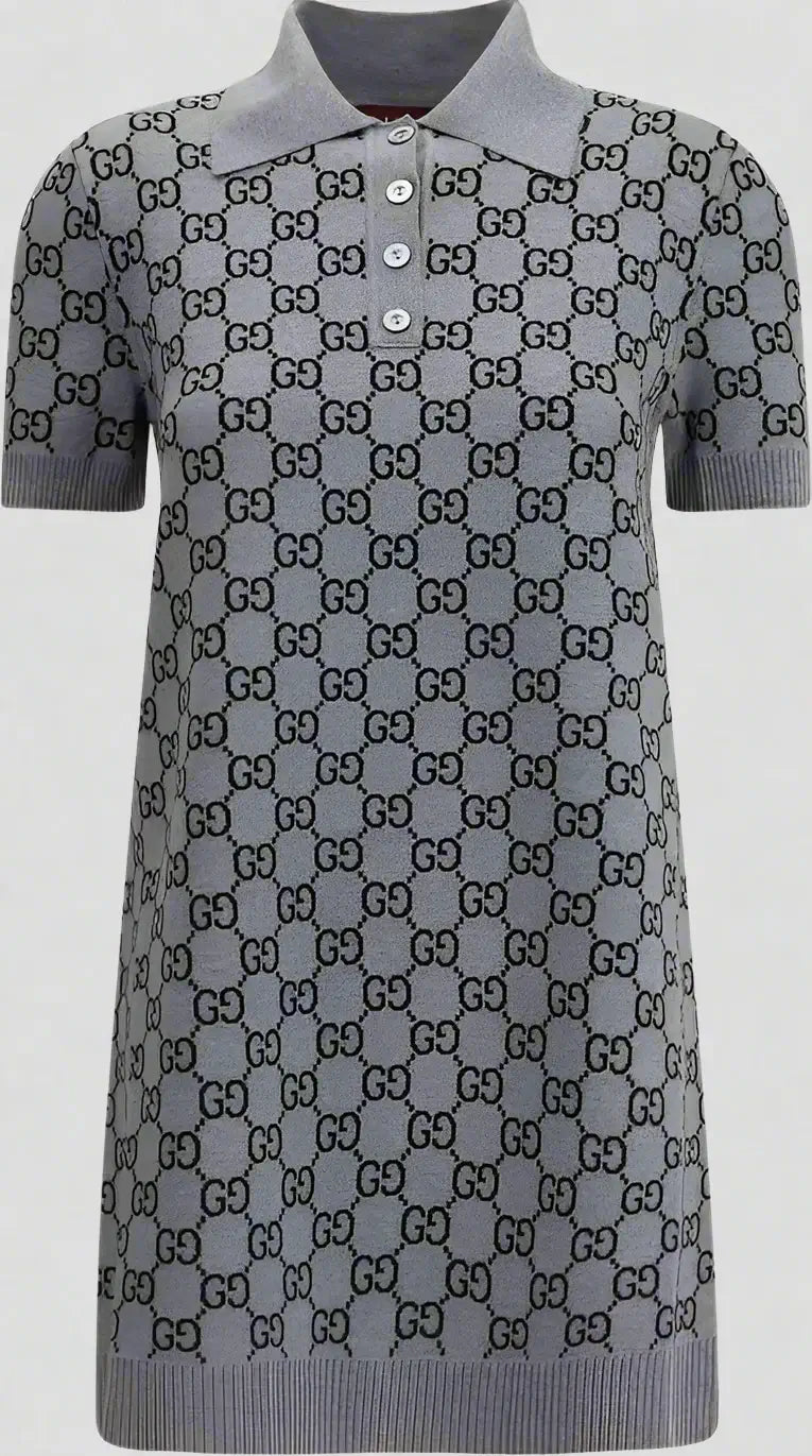 Gray knit dress with Gucci logo pattern
