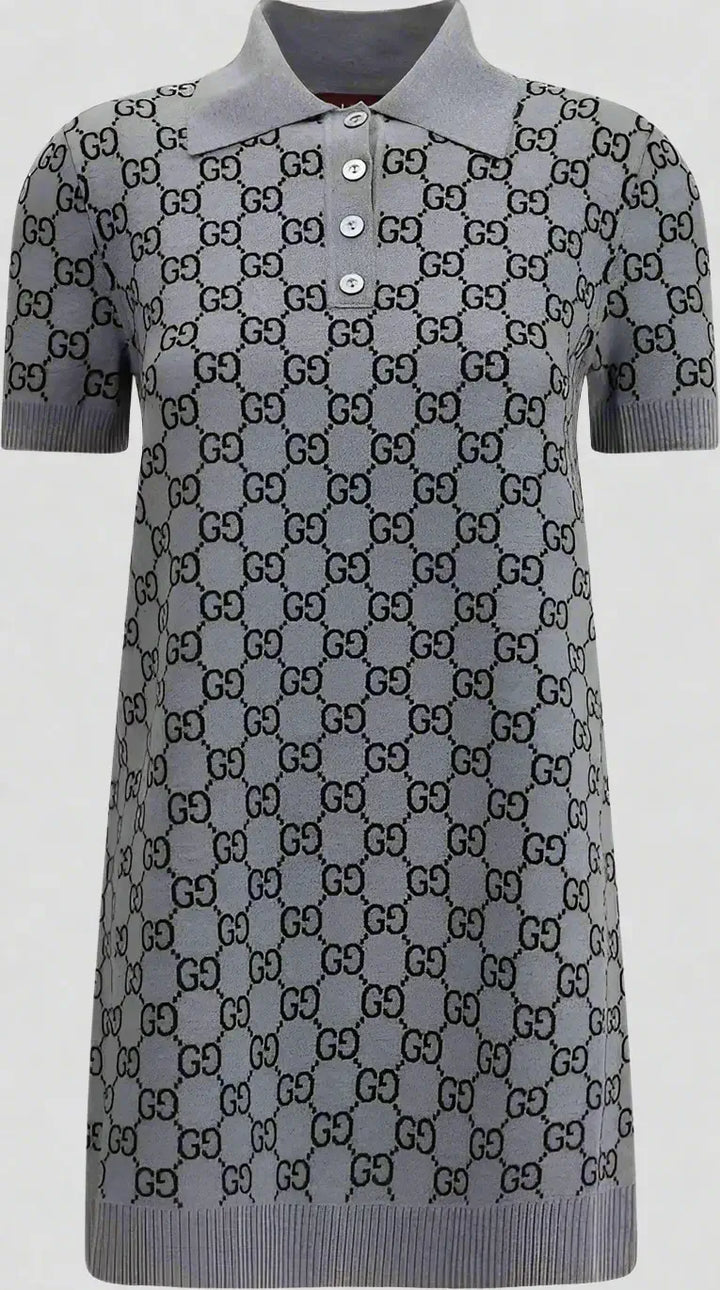 Gray knit dress with Gucci logo pattern