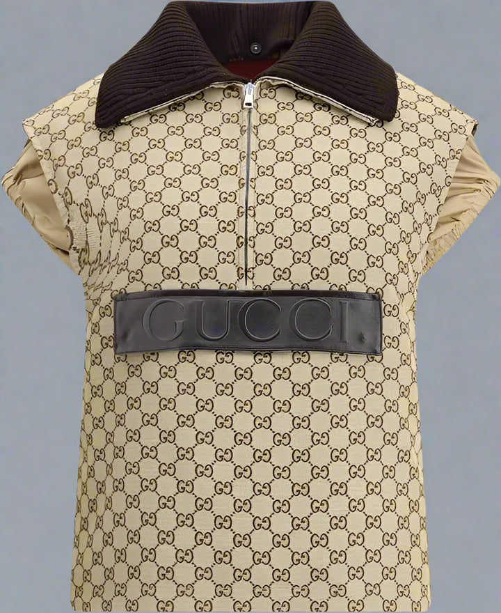 Beige patterned vest with black collar and Gucci logo on a white background