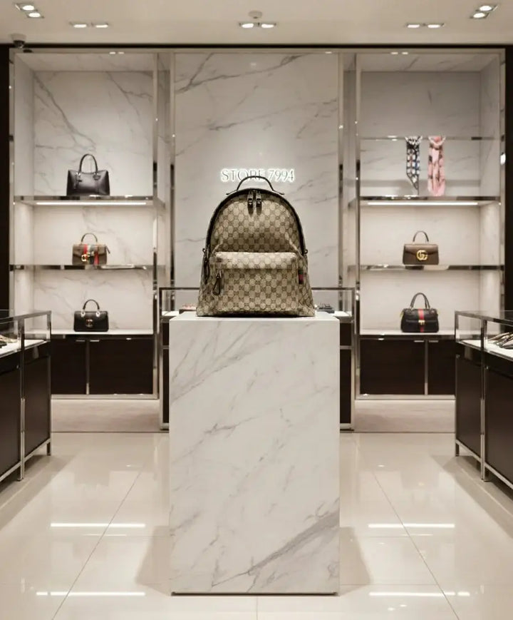 Beige backpack with a pattern on a white background