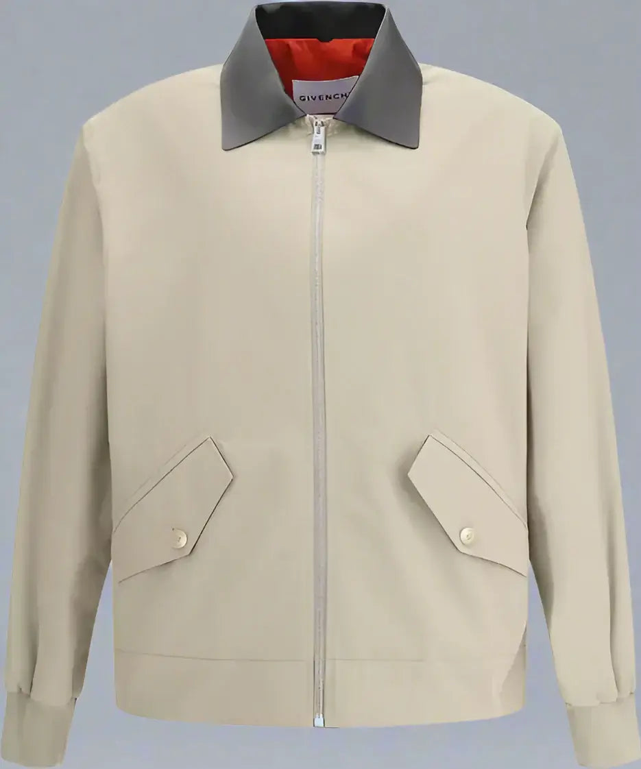 Beige jacket with gray collar and red lining on a white background