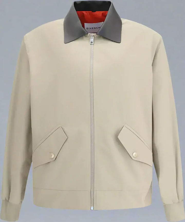 Beige jacket with gray collar and red lining on a white background