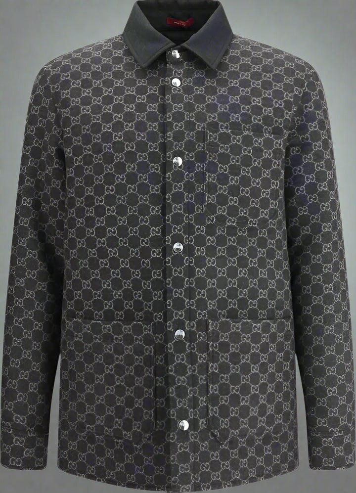Dark gray patterned shirt with buttons on a white background