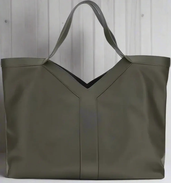 Dark green tote bag with a V-neck design on a white background