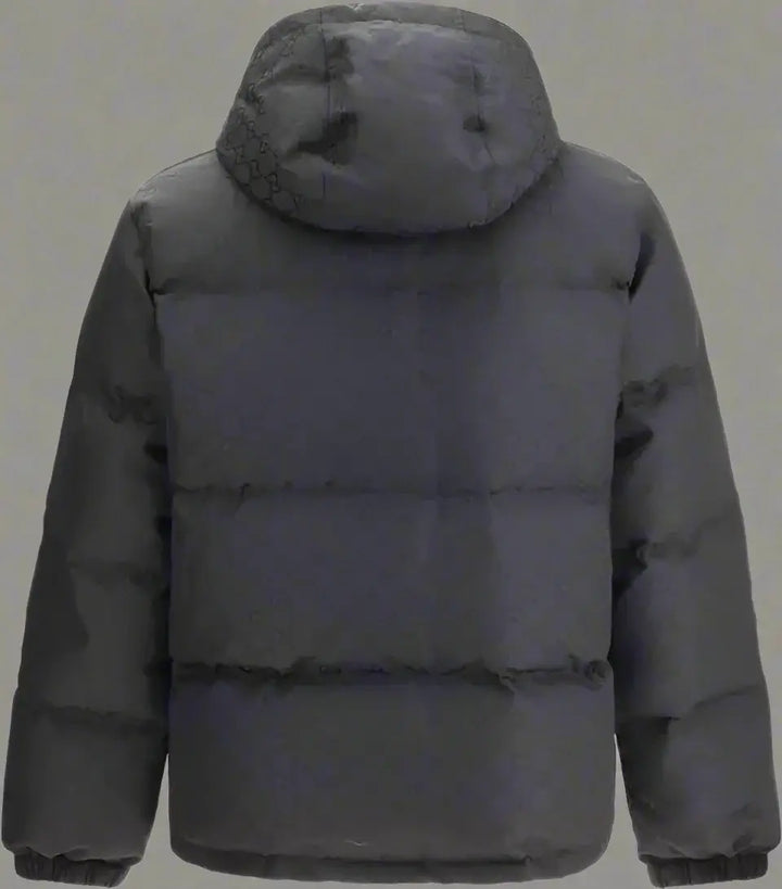 Black puffer jacket with a hood on a white background