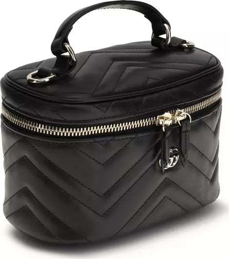 Black quilted cosmetic bag with gold zipper on a white background
