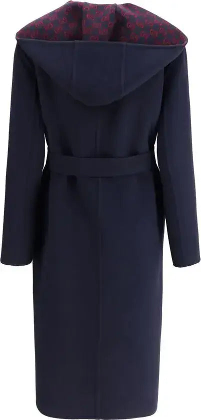 Navy blue coat with a patterned hood on a white background