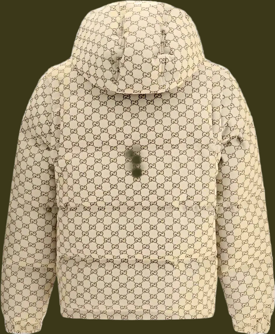 Beige jacket with a pattern on the back against a white background