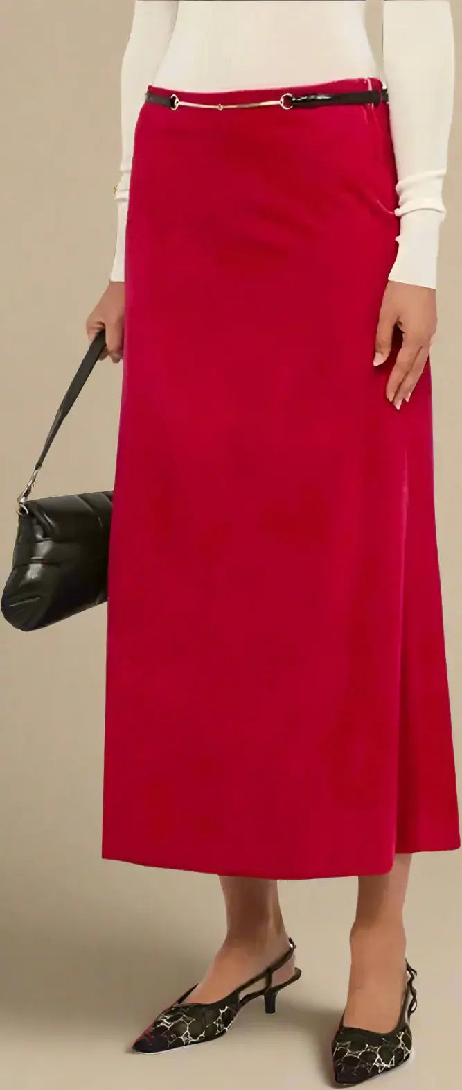 GUCCI red Velvet Bloom Midi Skirt with removable leather belt
