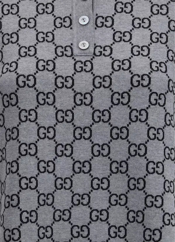 Gray polo shirt with a repeated logo pattern