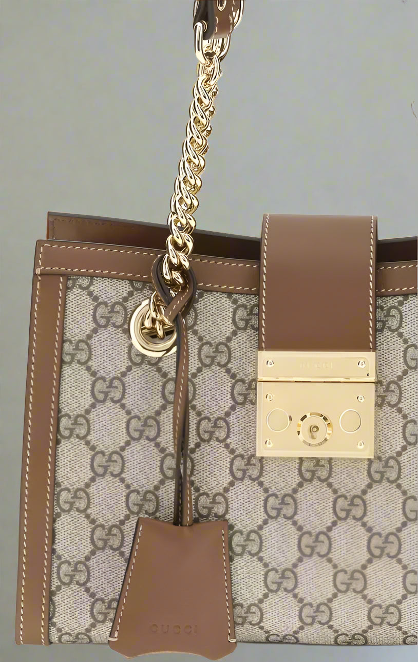 Designer handbag with gold chain and lock detail on a white background