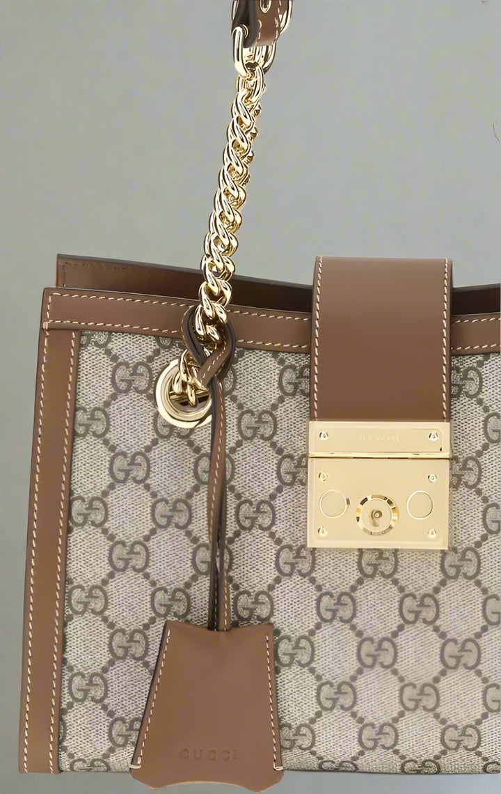 Designer handbag with gold chain and lock detail on a white background
