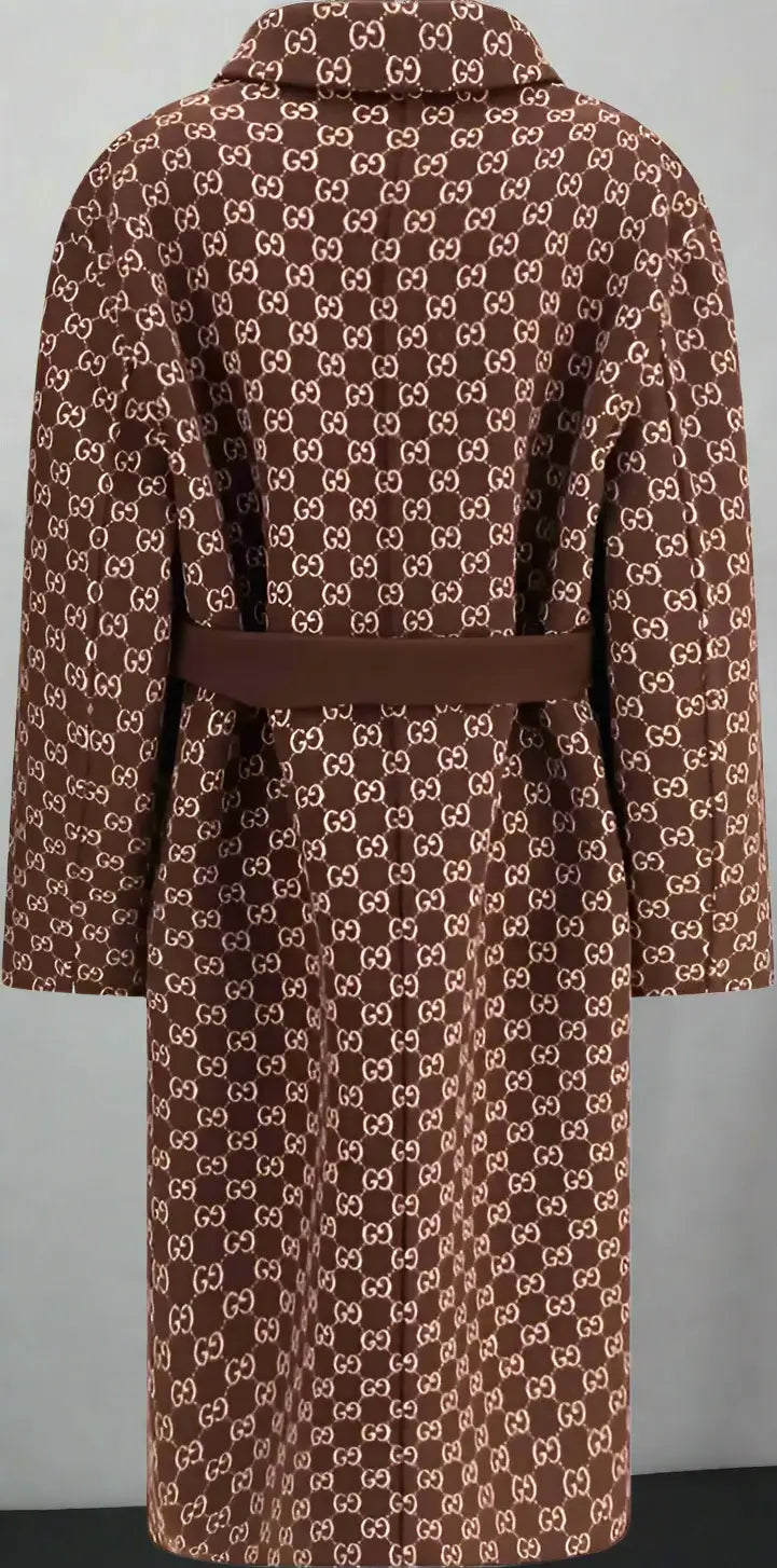 Brown patterned coat with visible brand logo on a white background