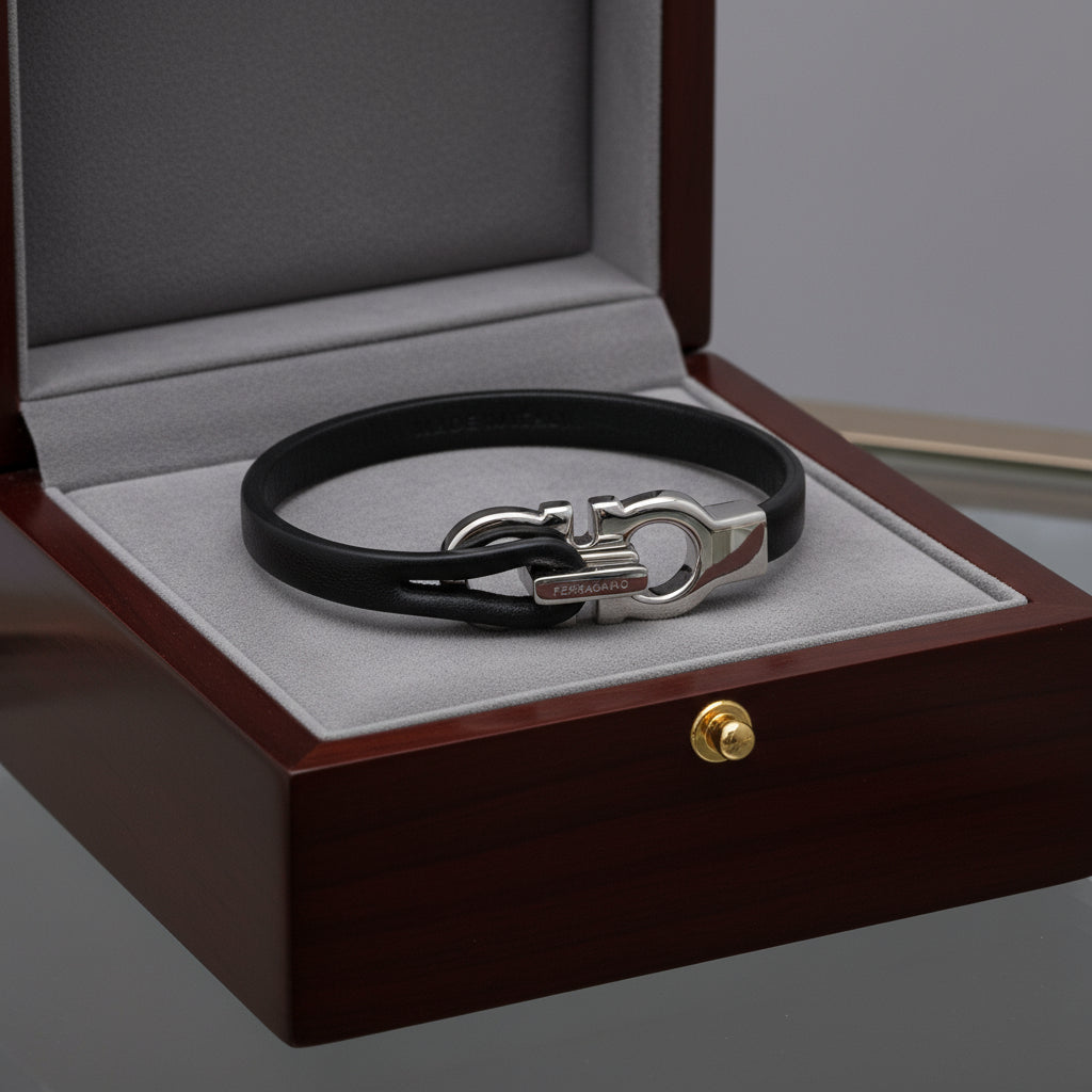 Black leather bracelet with silver clasp on a white background