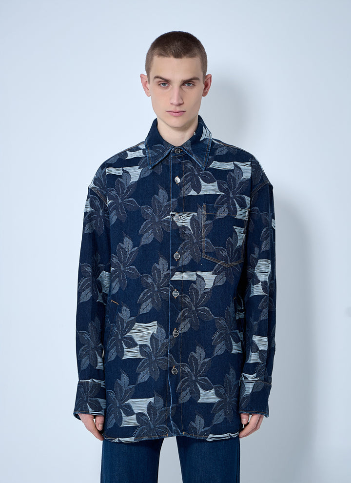 Gucci Men Floral Jacquared Denim Shirt