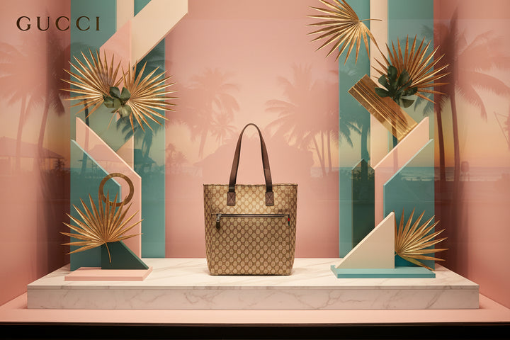 Beige patterned tote bag with brown handles on a light gray background