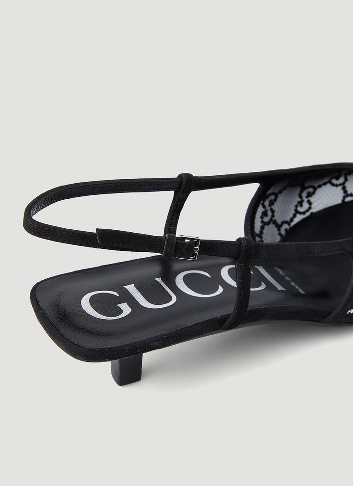 Gucci Women Crystal Gg Slingback Kitten Heels