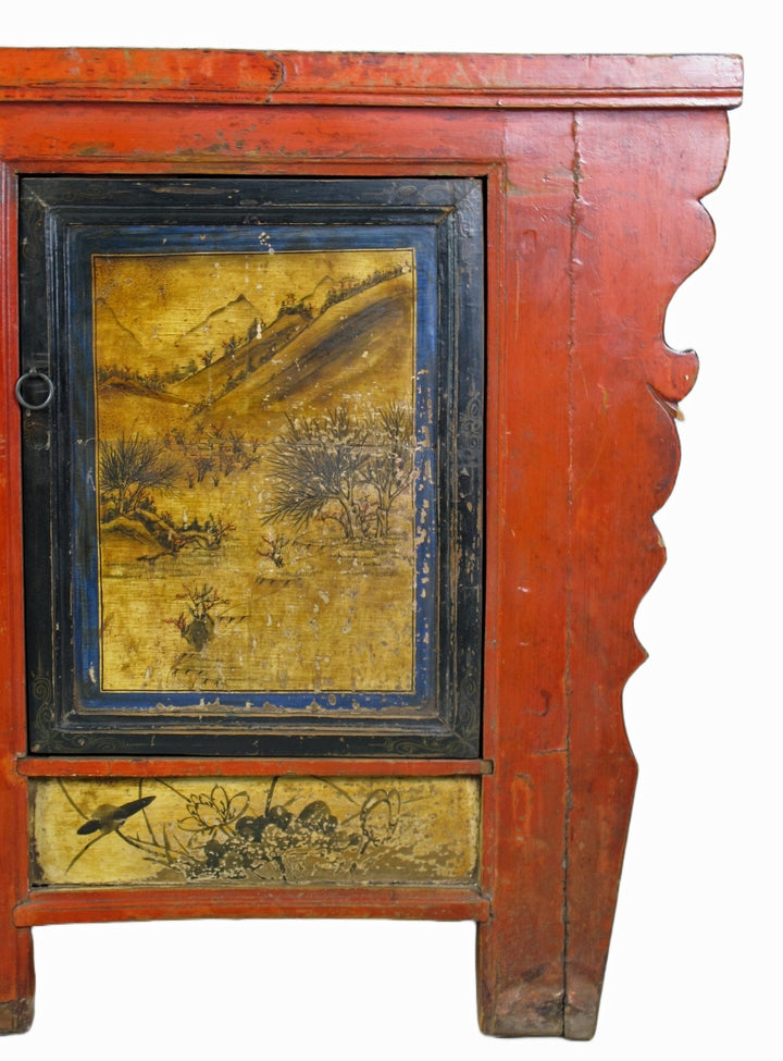 Hand Painted 78" Long Red Gansu Sideboard Cabinet