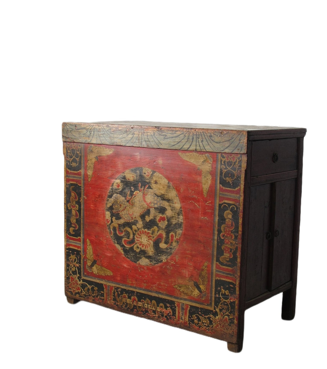 Hand Painted Circle of Mystic Bird Antique Gansu Tibetan Cabinet 2