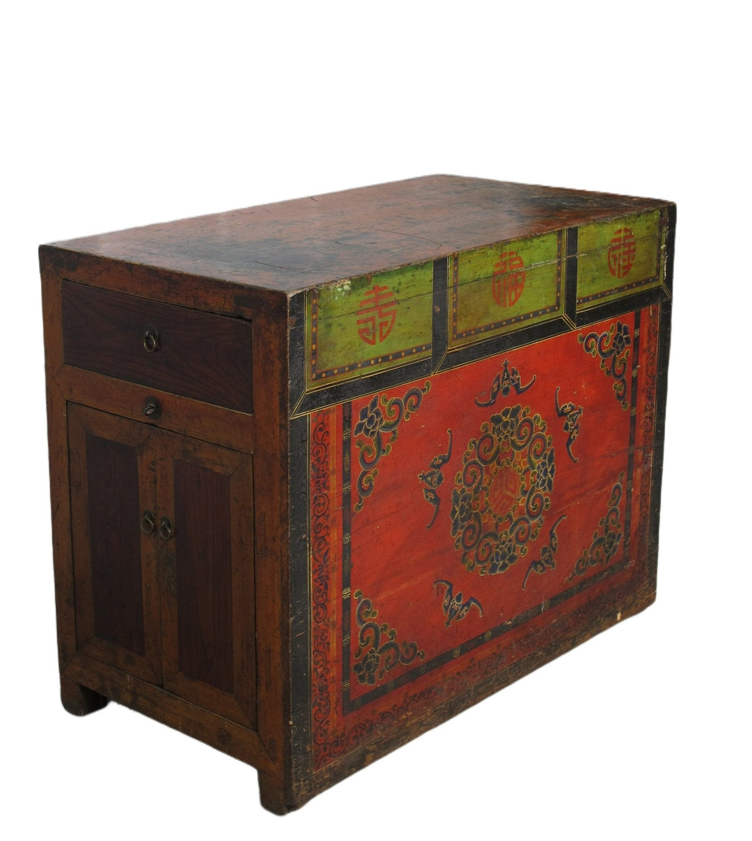 Hand Painted Five Bats Antique Gansu Tibetan Cabinet