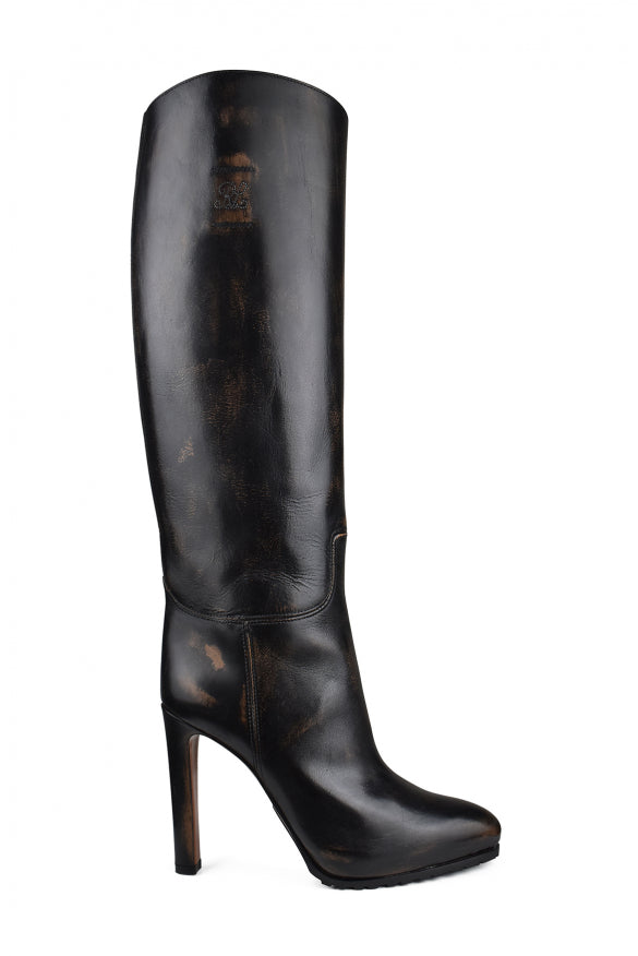 Black knee-high boot with high heel on a white background