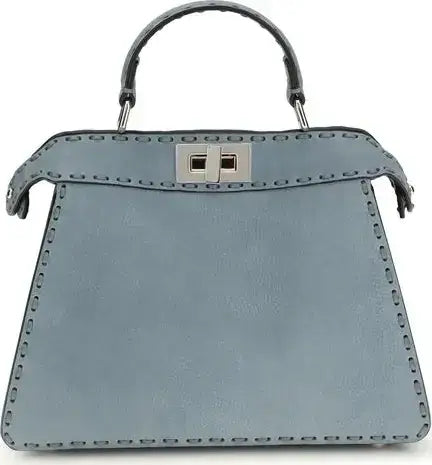 Gray handbag with a silver clasp on a white background