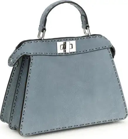 Blue handbag with a silver clasp on a white background