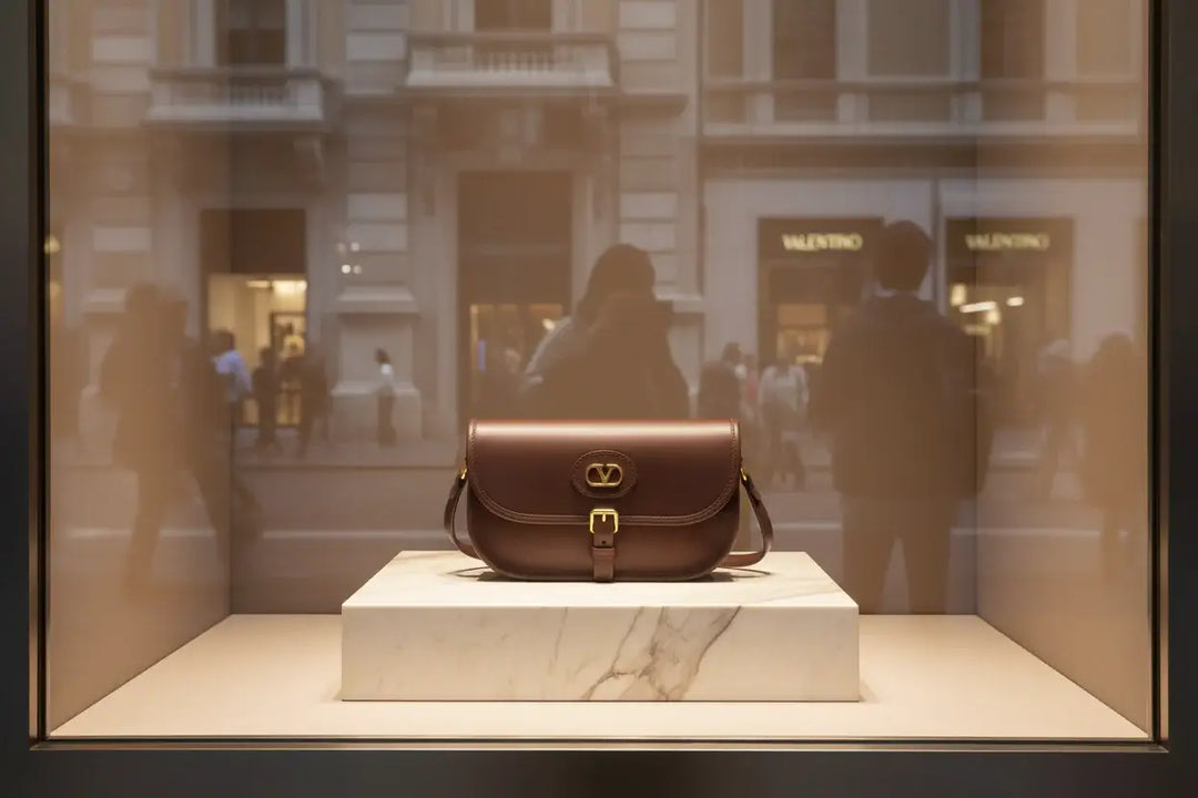 Brown leather handbag with gold logo on a white background