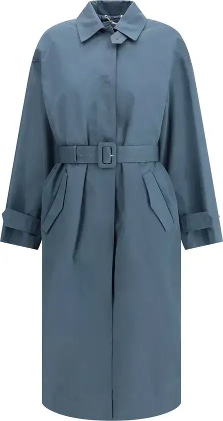 Blue trench coat with a belt on a white background