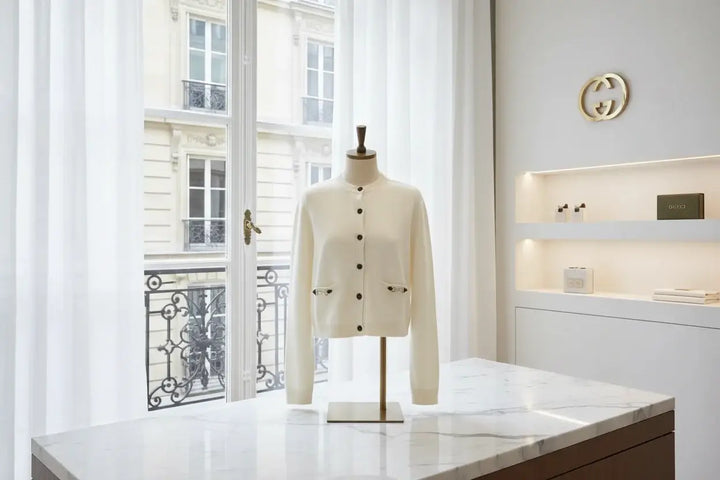 White cardigan with black buttons and trim on a white background
