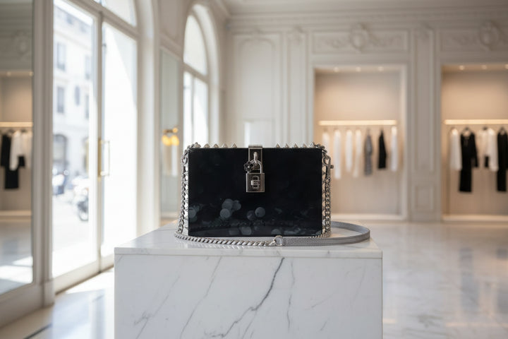 Black studded handbag with a strap on a blurred background