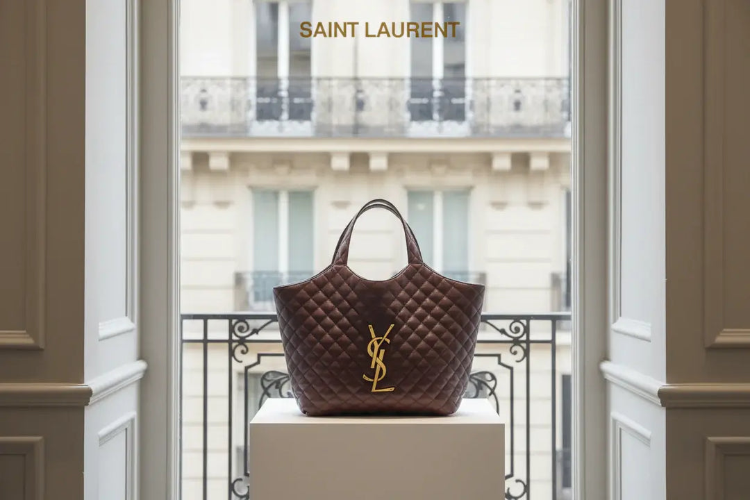 Brown quilted handbag with a gold logo on a white background
