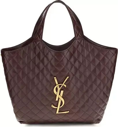 Brown quilted handbag with a gold logo on a white background