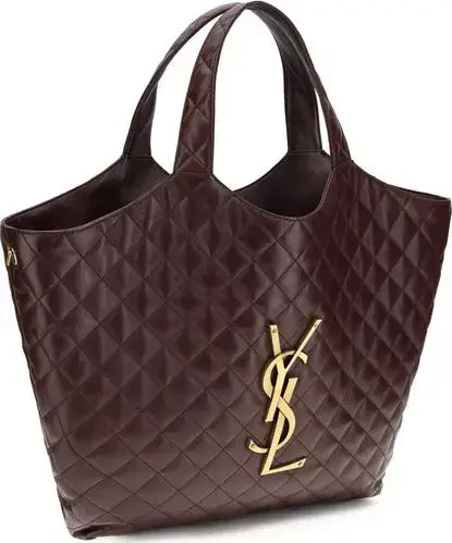 Quilted brown handbag with a gold logo on a white background
