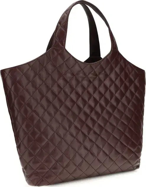 Brown quilted tote bag on a white background