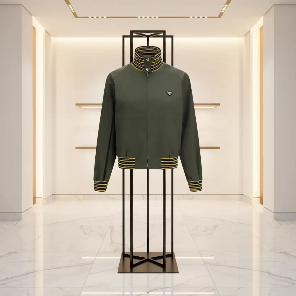 Green jacket with yellow accents on a white background