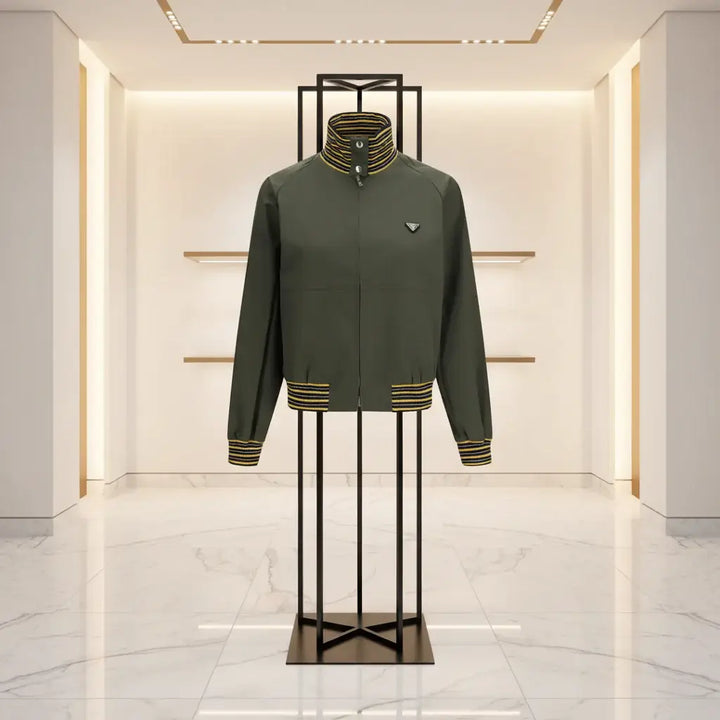 Green jacket with yellow accents on a white background