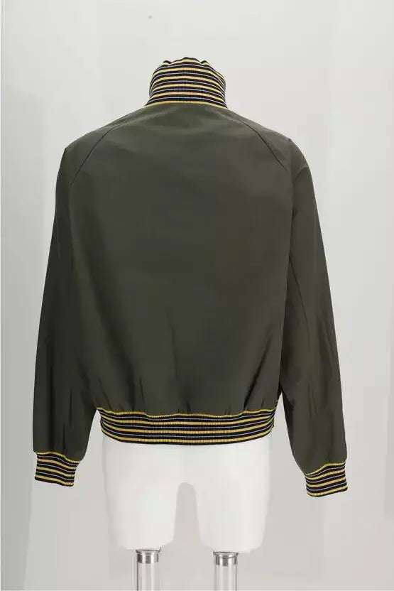 Green jacket with yellow stripes on a mannequin against a white background