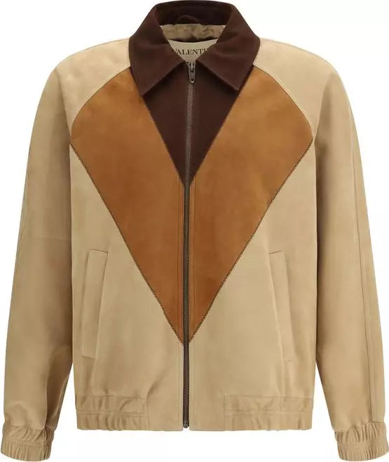 Beige and brown jacket with a geometric design on a white background