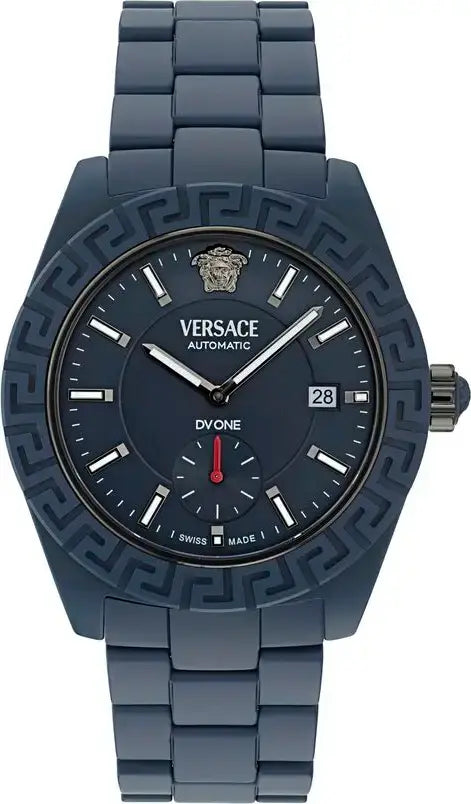 Versace watch with blue strap and black dial on a white background