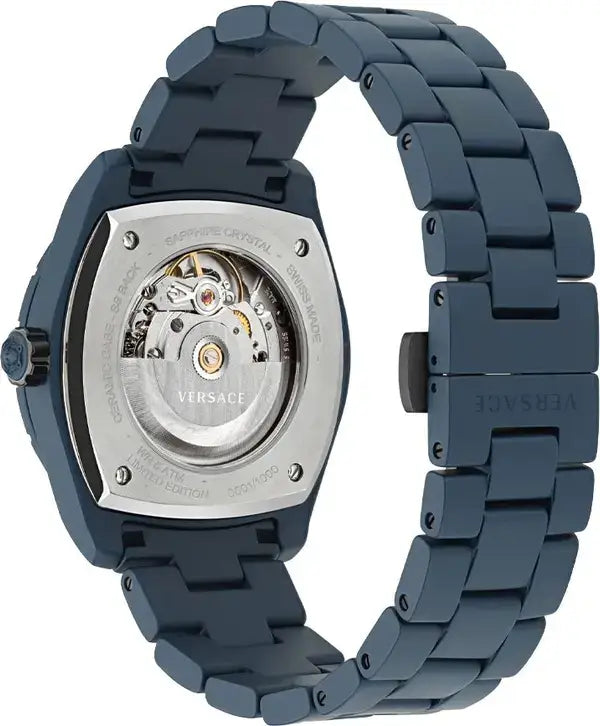 Versace watch with blue metal strap on a white background