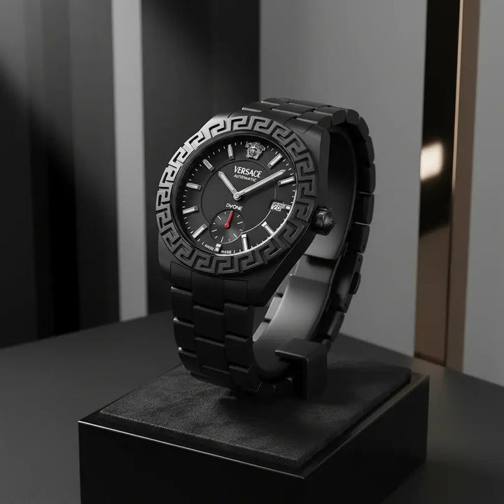 Versace watch with black face and bracelet on a white background