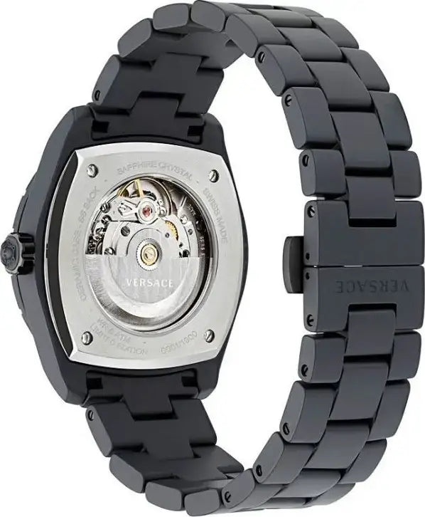 Versace watch with black metal strap on a white background