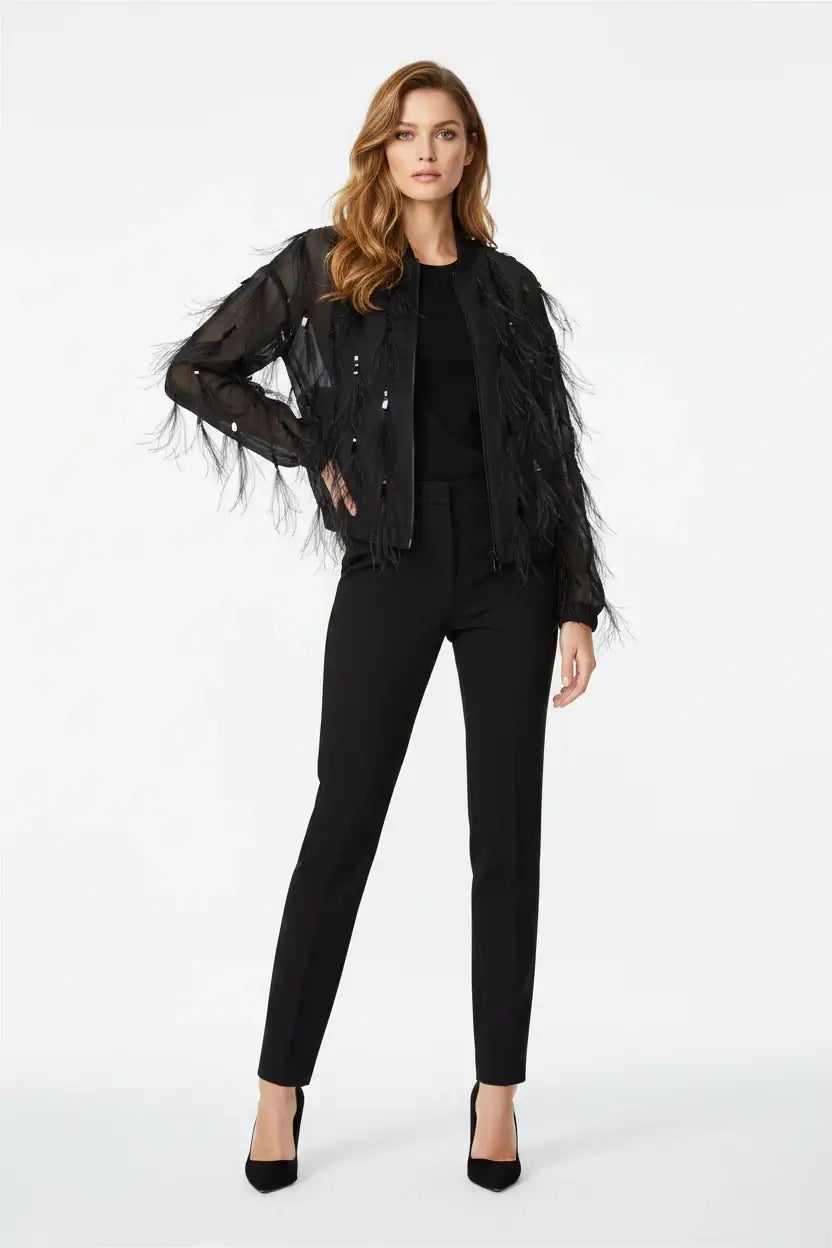 Black jacket with feathered sleeves on a white background