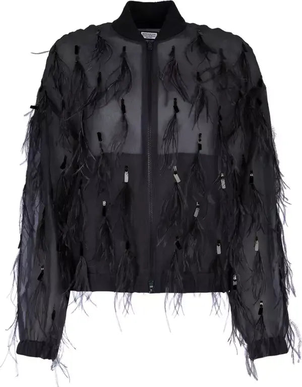 Black jacket with feathered sleeves on a white background