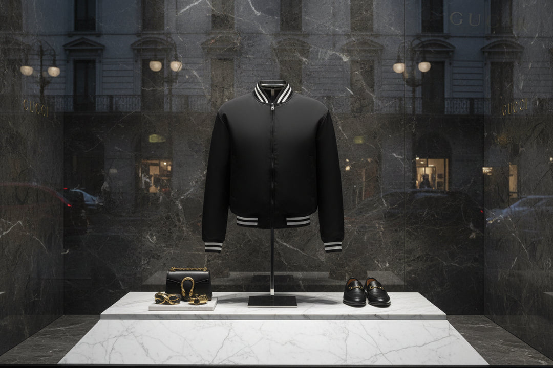 Black bomber jacket with white trim on a white background